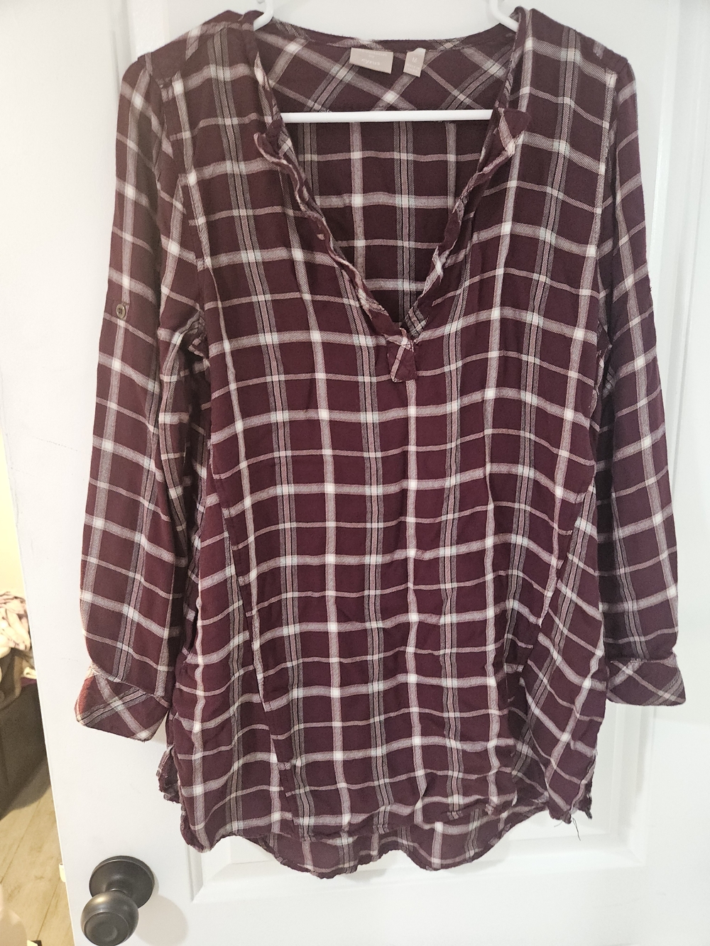 Cyrus Burgundy and White Plaid V-Neck Tunic